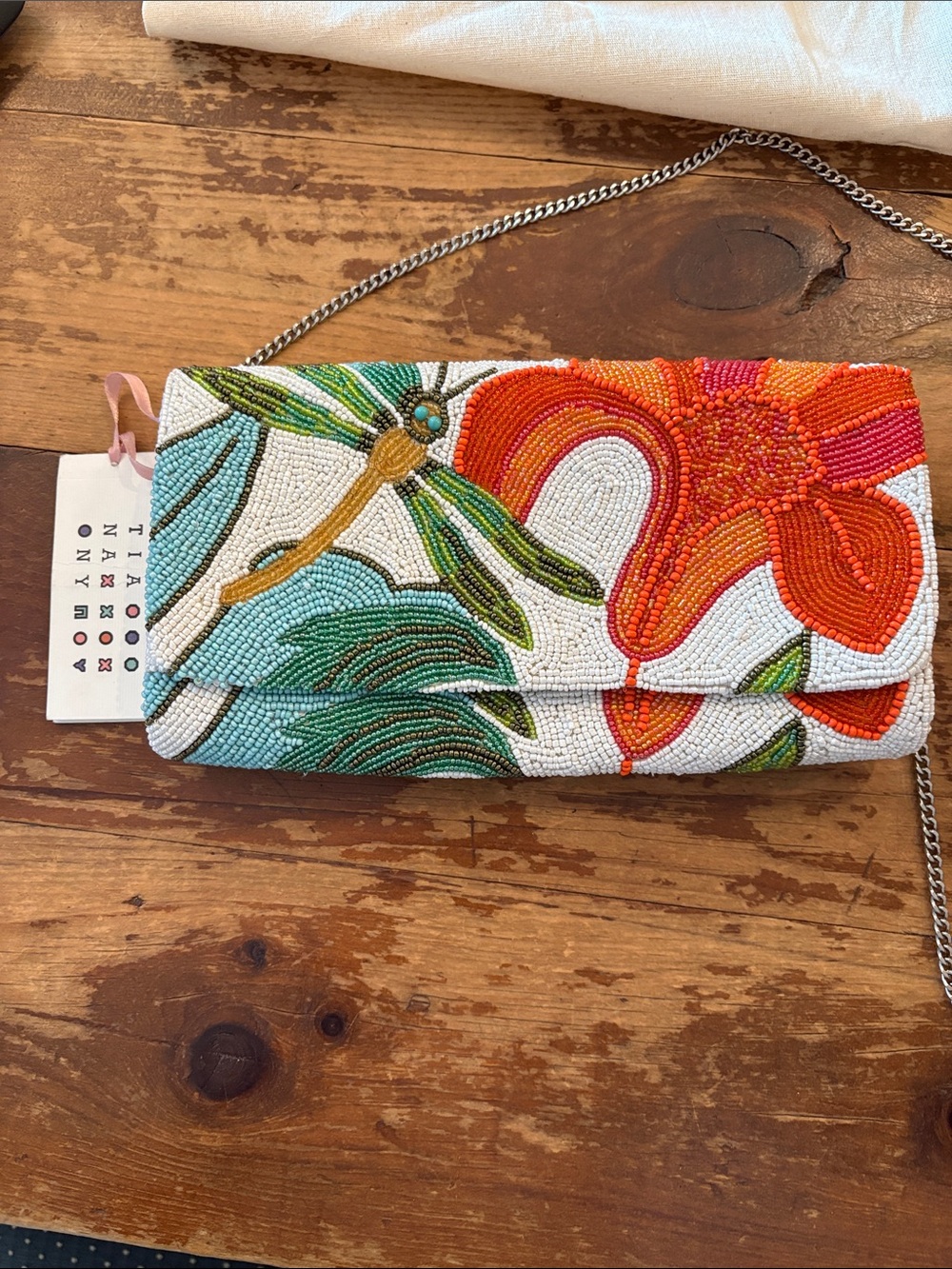 Beaded Floral & Dragonfly Clutch in White, Orange & Green by THACKERAY